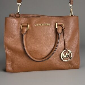Michael Kors Leather Satchel Crossbody Handbag Brown Gold Hardware MK Charm